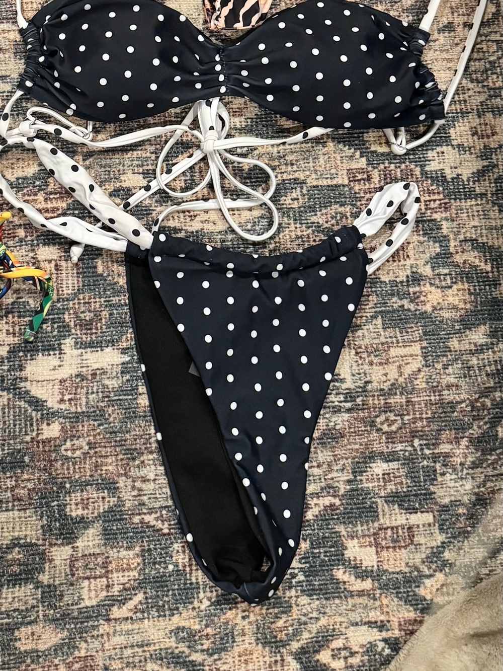 Black Polka Dot Bikini Set with White Accents